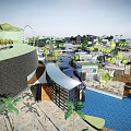 Modern Commercial Street With Waterway Palm Trees Ferris Wheel Shops And Open Spaces