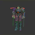 Blue Armored Mecha Robot Warrior Design With Two Swords And Red Chest Core