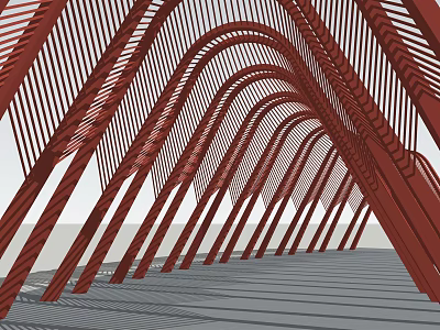 Red Curved Pergola Structure With Arched Framework And Linear Ground Design 3d model