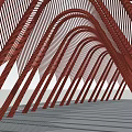Red Curved Pergola Structure With Arched Framework And Linear Ground Design
