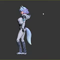 Futuristic Character With Blue Purple Hair Cat Ears And Tail Wearing Modern Jacket Pants