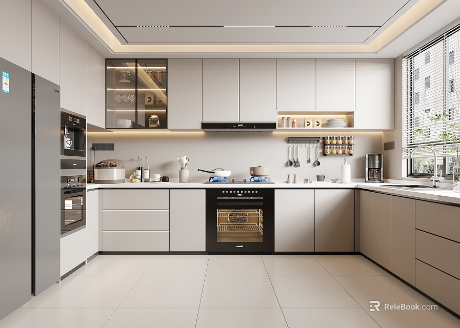 Sleek Modern Kitchen Interior With Light Gray Cabinets Built In Oven Sleek Countertops And Recessed Lighting 3d model 