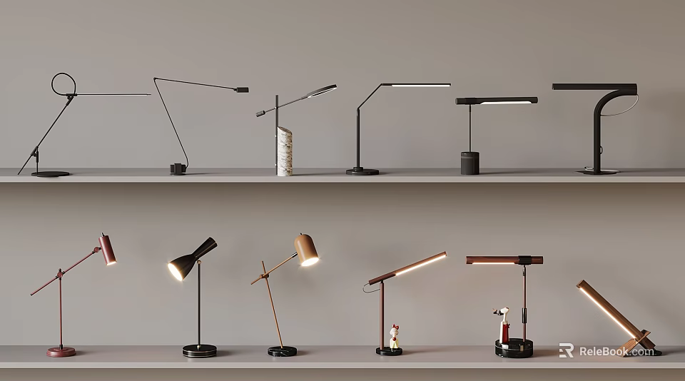Various Modern Table Lamps With Stylish Designs Arranged On Shelf 3d model 