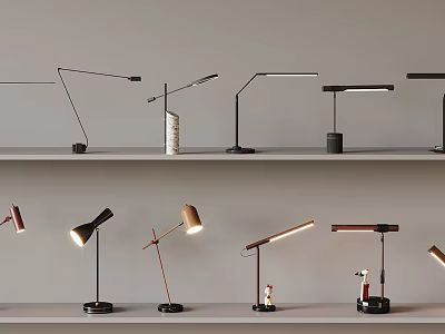 Various Modern Table Lamps With Stylish Designs Arranged On Shelf 3d model