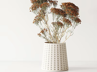 Minimalist White Dotted Ceramic Vase With Dried Brown Floral Stems Arrangement 3d model