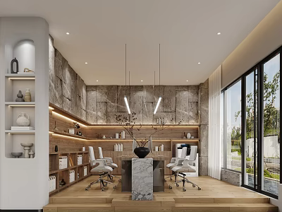 Modern Public Office Space Interior With Marble Table Wooden Floors And Floor-to-Ceiling Windows 3d model
