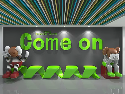 Green Wavy Partition with Dolls Sitting on Gray Background Wall and Colorful Striped Ceiling 3d model