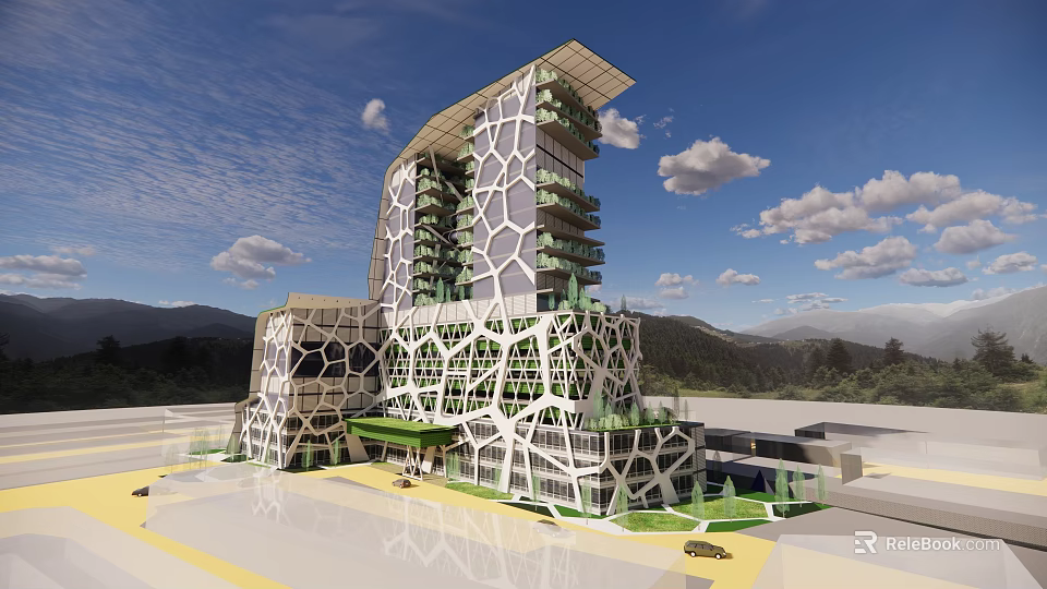 Modern Geometric Facade Office Building With Lush Green Vegetation And Mountain View 3d model 