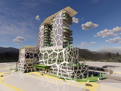 Modern Geometric Facade Office Building With Lush Green Vegetation And Mountain View 3d model
