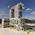 Modern Geometric Facade Office Building With Lush Green Vegetation And Mountain View
