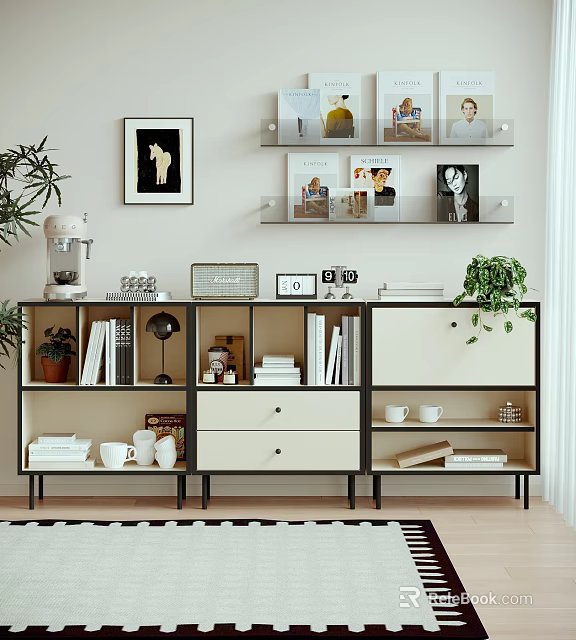 Modern Stylish Decorative Cabinet In Living Room With Books Plants Frames And Decor Items 3d model 
