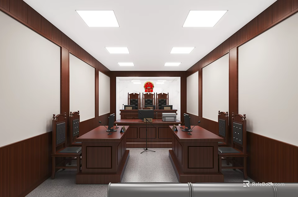 Courtroom Interior Design With Wooden Walls Judge's Bench Long Tables Chairs And Red Emblem 3d model 