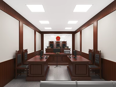 Courtroom Interior Design With Wooden Walls Judge's Bench Long Tables Chairs And Red Emblem 3d model