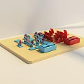 Colorful Building Blocks With Red Blue Pieces And Small Brick Figures On Wooden Base