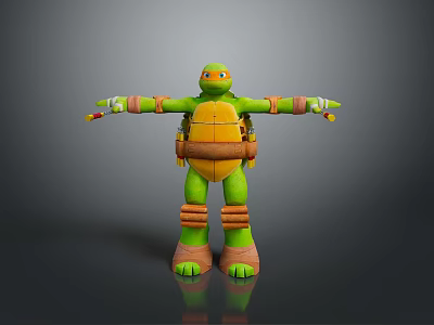 Green Turtle Character With Orange Mask Brown Arm Knee Pads Standing Arms Outstretched Holding Nunchucks 3d model
