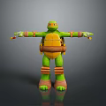 Green Turtle Character With Orange Mask Brown Arm Knee Pads Standing Arms Outstretched Holding Nunchucks