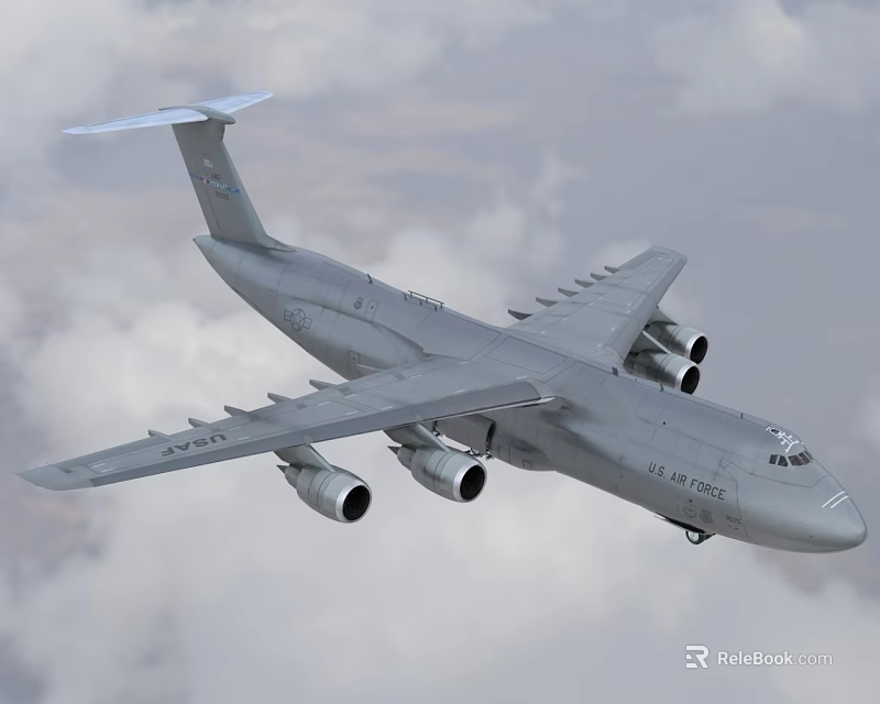 USAF Fighter Jet Flying with Four Engines Over Cloudy Sky Background 3d model 