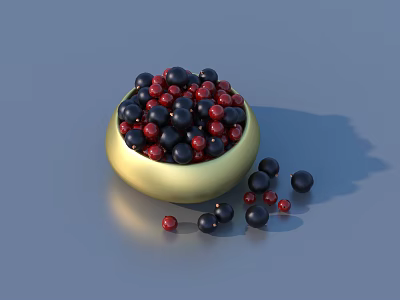 Golden Bowl Filled with Fresh Black and Red Berries and Scattered Fruits 3d model