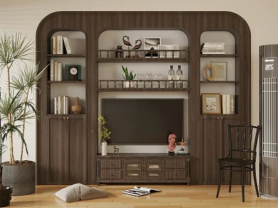 Modern Wooden TV Stand With Storage Shelves Flat Screen TV Decor Books And Potted Plants 3d model