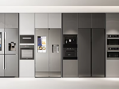 Stainless Steel Refrigerator Freezer In Modern Kitchen With Built In Cabinets And Appliances 3d model