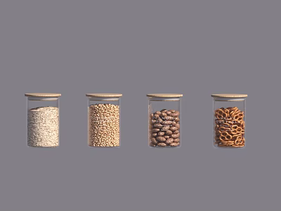 Four Glass Jars Containing Different Grains And Beans For Food Storage 3d model