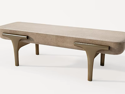 Minimalist Upholstered Bench Featuring Light Brown Fabric And Sleek Curved Brass Legs 3d model