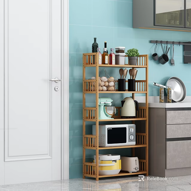 Wooden Multi Tiered Kitchen Storage Shelf With Microwave Eggs And Potted Plant 3d model 