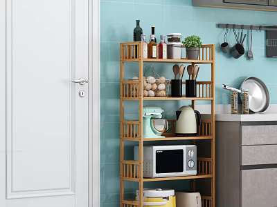 Wooden Multi Tiered Kitchen Storage Shelf With Microwave Eggs And Potted Plant 3d model