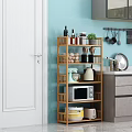 Wooden Multi Tiered Kitchen Storage Shelf With Microwave Eggs And Potted Plant