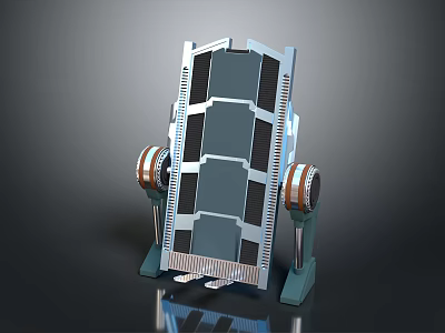 Cartoon Style Mechanical Device Scene With Blue Metal Frame And Orange Wheels 3d model