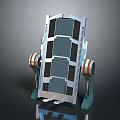 Cartoon Style Mechanical Device Scene With Blue Metal Frame And Orange Wheels