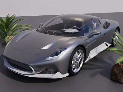 Sleek Grey Sports Car Surrounded by Palm Trees and Stones in Outdoor Setting 3d model