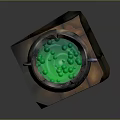 Old Rusty Metal Cauldron Filled With Green Liquid On Cracked Brick Base
