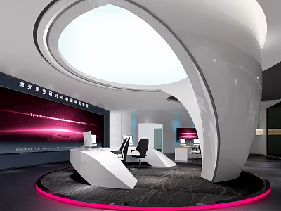 Modern Futuristic Office Console With Circular Design And Pink Lighting 3d model
