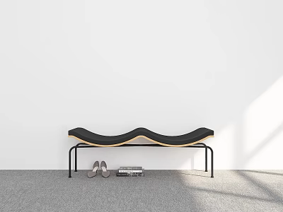 Black Wavy Seat Bench With Metal Legs Near Shoes And Books On Gray Carpet 3d model
