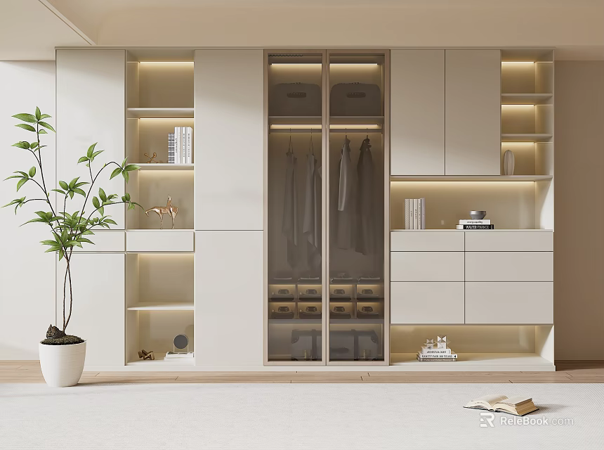 Modern White Wardrobe Interior Design With Glass Doors Illuminated Open Shelves And Storage 3d model 