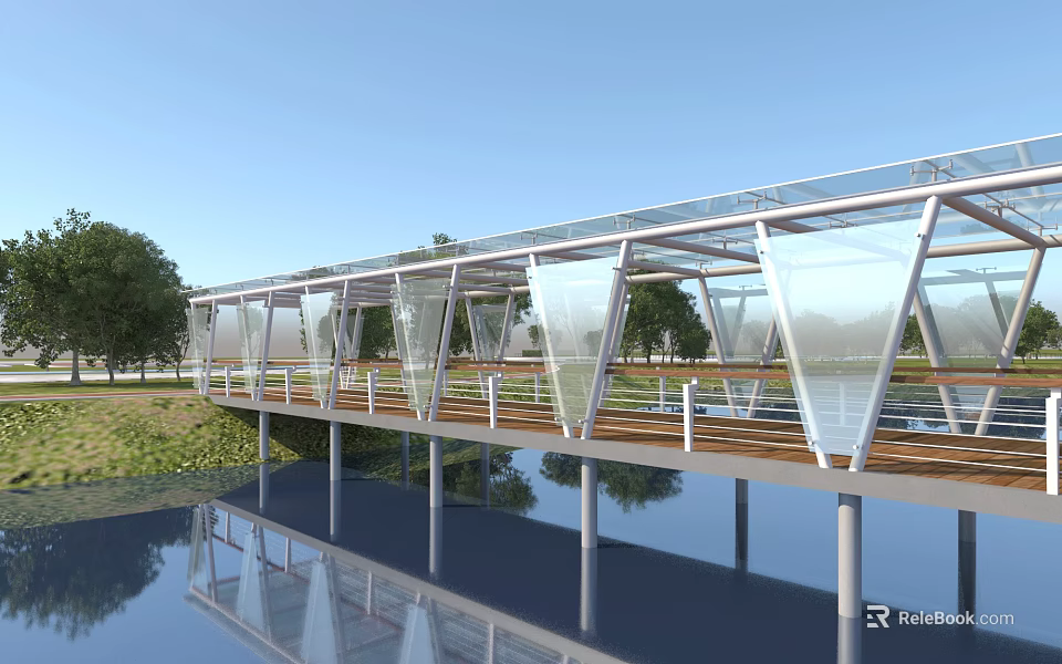 Modern Transparent Glass Bridge with Wooden Deck Over Water Metal Supports and Trees Reflection 3d model 