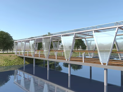 Modern Transparent Glass Bridge with Wooden Deck Over Water Metal Supports and Trees Reflection 3d model