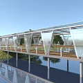 Modern Transparent Glass Bridge with Wooden Deck Over Water Metal Supports and Trees Reflection