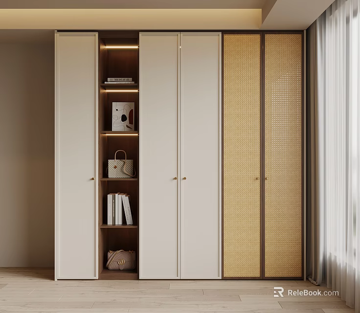Modern Light Colored Wardrobe With Woven Panels Open Shelves And Storage 3d model 