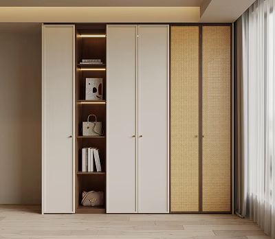 Modern Light Colored Wardrobe With Woven Panels Open Shelves And Storage 3d model