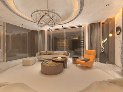 Modern Luxury Leisure Room Interior With Circular Sofa Orange Chair And Chandelier 3d model