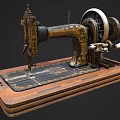 Vintage Sewing Machine Black Body With Gold Patterns Wooden Base Large Wheel And White Handle
