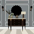 Modern Elegant Entryway Console Table With Drawers Round Mirror Table Lamp And Vase 3d model