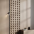 Wooden Bedroom Accent Wall with Perforated Panels Central Cabinet and Side Decor Pieces
