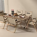 Modern Outdoor Wooden Table With Four Light Colored Chairs Wine Bottles Bread And Plates