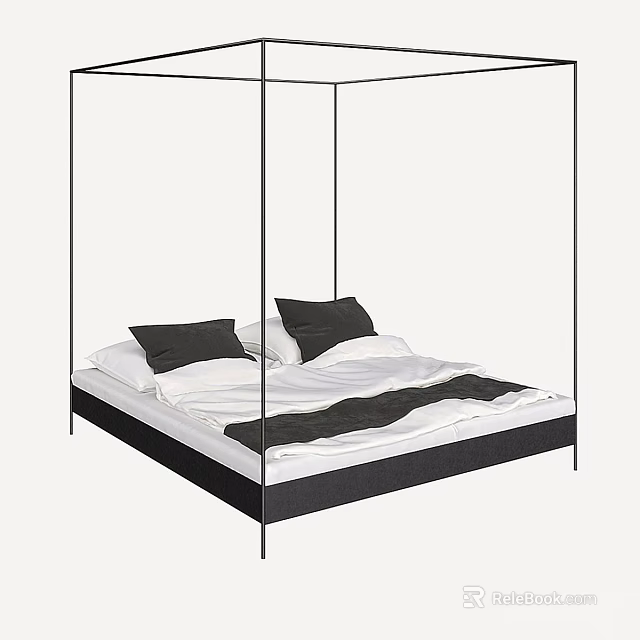 Modern Double Bed with Black Frame Four Poster Design White Bedding and Black Pillows 3d model 