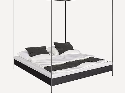 Modern Double Bed with Black Frame Four Poster Design White Bedding and Black Pillows 3d model