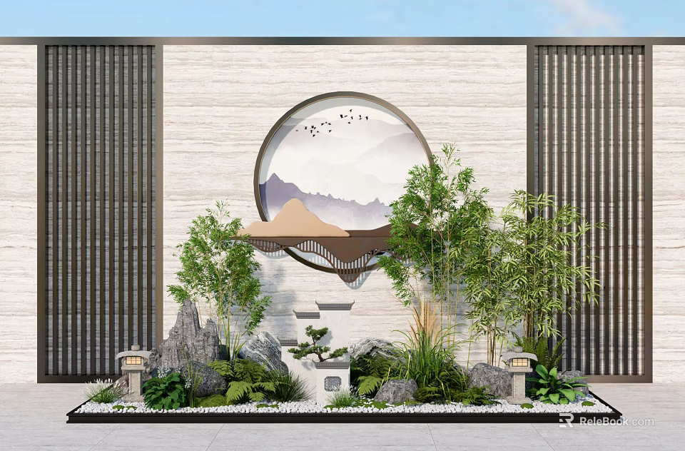 Chinese Style Indoor Landscape With Circular Mountain Art Bamboo And Stone Decor 3d model 