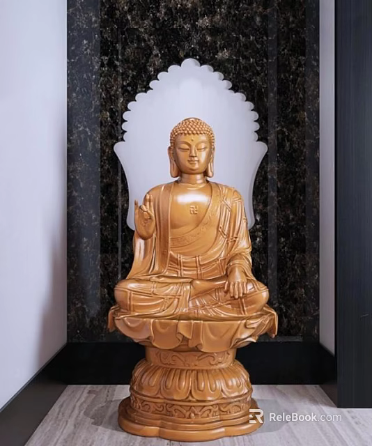 Exquisite Wooden Buddha Sculpture With Intricate Carving Details And Decorative Background 3d model 